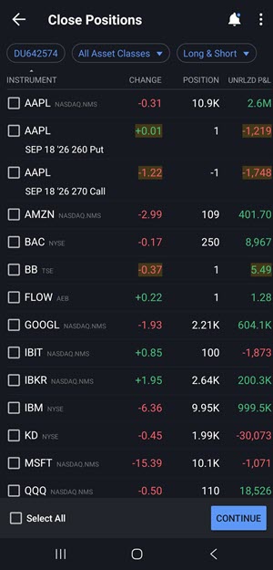 Select Positions to Close on Android
